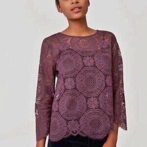 Ann Taylor Loft Sheer Laced Long Sleeve Top Purple Womens Size M